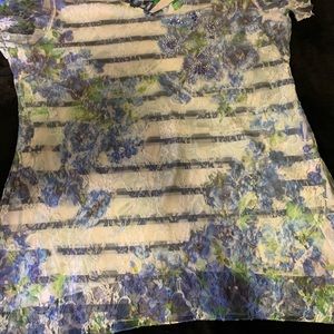 ROZ & ALI LAYERED BLUE FLOWERS STRIPED BLOUSE  XL